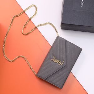 Saint Laurent Classic Cassandre Chain Wallet In Grain De Poudre Leather Grey/Gold