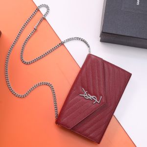 Saint Laurent Classic Cassandre Chain Wallet In Grain De Poudre Leather Red/Silver