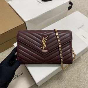 Saint Laurent Classic Cassandre Chain Wallet In Quilted Lambskin Burgundy/Gold