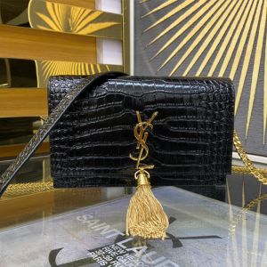 Saint Laurent Kate Tassel Chain Wallet In Crocodile Embossed Leather Black/Gold