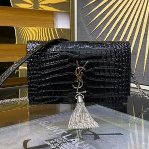 Saint Laurent Kate Tassel Chain Wallet In Crocodile Embossed Leather Black/Silver