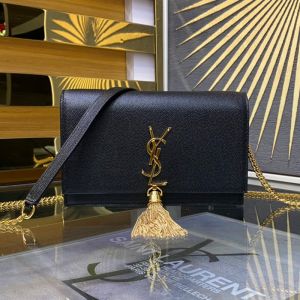 Saint Laurent Large Kate Chain Wallet with Tassel In Textured Leather Black/Gold