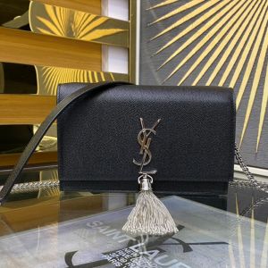 Saint Laurent Large Kate Chain Wallet with Tassel In Textured Leather Black/Silver