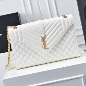 Saint Laurent Large Envelope Flap Bag In Quilted Grain De Poudre Embossed Leather White/Gold