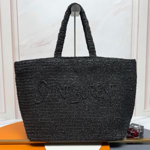 Saint Laurent Logo Signature Tote In Raffia Black
