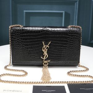 Saint Laurent Medium Kate Chain Bag with Tassel In Crocodile Embossed Shiny Leather Black/Gold