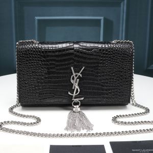Saint Laurent Medium Kate Chain Bag with Tassel In Crocodile Embossed Shiny Leather Black/Silver