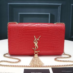 Saint Laurent Medium Kate Chain Bag with Tassel In Crocodile Embossed Shiny Leather Red/Gold