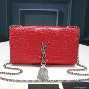 Saint Laurent Medium Kate Chain Bag with Tassel In Crocodile Embossed Shiny Leather Red/Silver
