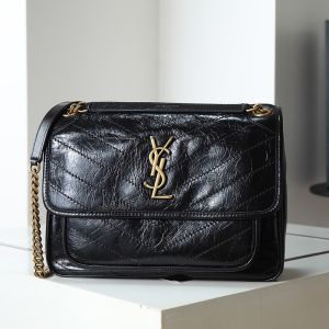 Saint Laurent Medium Niki Chain Bag In Crinkled And Quilted Leather Black/Gold