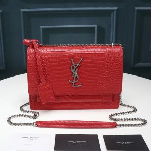 Saint Laurent Medium Sunset Chain Bag In Crocodile Embossed Leather Red/Silver