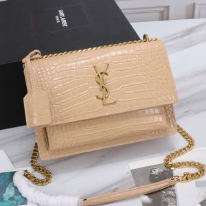 Saint Laurent Medium Sunset Chain Bag In Crocodile Embossed Leather Apricot/Gold