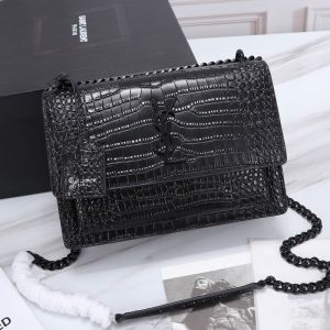 Saint Laurent Medium Sunset Flap Bag In Crocodile Embossed Leather Black