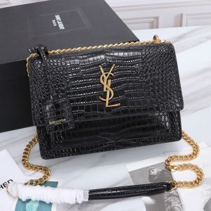 Saint Laurent Medium Sunset Chain Bag In Crocodile Embossed Leather Black/Gold