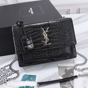 Saint Laurent Medium Sunset Chain Bag In Crocodile Embossed Leather Black/Silver