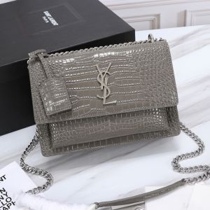 Saint Laurent Medium Sunset Chain Bag In Crocodile Embossed Leather Grey/Silver
