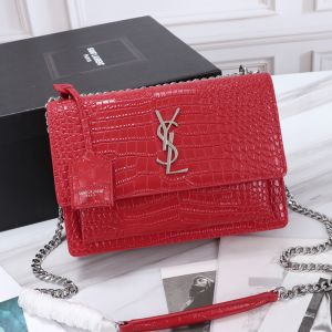 Saint Laurent Medium Sunset Chain Bag In Crocodile Embossed Leather Red/Silver