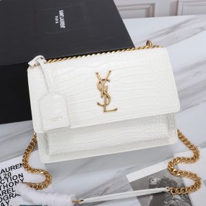Saint Laurent Medium Sunset Chain Bag In Crocodile Embossed Leather White/Gold