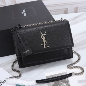 Saint Laurent Medium Sunset Chain Bag In Textured Leather Black/Silver