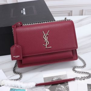 Saint Laurent Medium Sunset Chain Bag In Textured Leather Burgundy/Silver