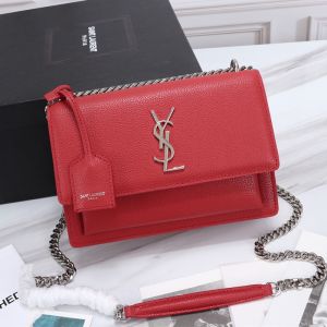 Saint Laurent Medium Sunset Chain Bag In Textured Leather Red/Silver