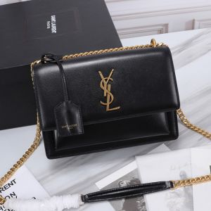 Saint Laurent Medium Sunset Chain Bag In Leather Black/Gold