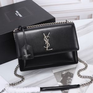 Saint Laurent Medium Sunset Chain Bag In Leather Black/Silver