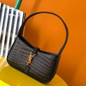 Saint Laurent Mini Le 5 A 7 Hobo Bag In Crocodile-Embossed Shiny Leather Black/Gold