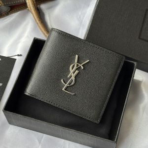 Saint Laurent Cassandre East/West Wallet In Grain De Poudre Leather Black/Silver
