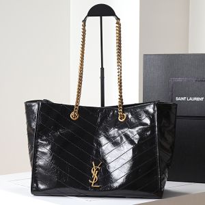 Saint Laurent Niki East/West Shopping Bag In Crinkled Vintage Leather Black/Gold