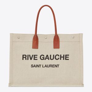 Saint Laurent Rive Gauche Tote In Linen And Leather Beige