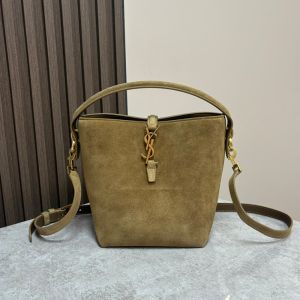 Saint Laurent Small Le 37 Bucket Bag In Suede Olive/Gold