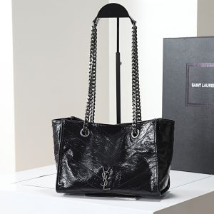 Saint Laurent Small Niki East/West Shopping Bag In Crinkled Vintage Leather Black/Silver