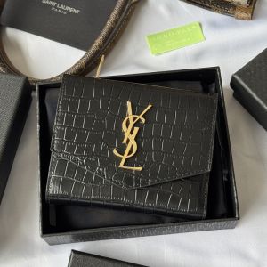 Saint Laurent Uptown Compact Wallet In Crocodile Embossed Leather Black/Gold
