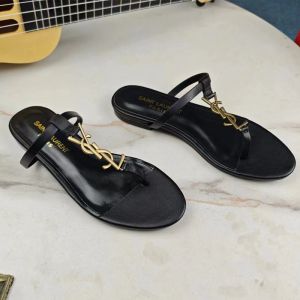 Saint Laurent Cassandra Flat Slides with T-Strap Women Smooth Leather Black/Gold