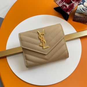 Saint Laurent Cassandre Compact Trifold Wallet In Matelasse Grain De Poudre Leather Apricot/Gold
