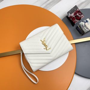 Saint Laurent Cassandre Flap Pouch In Matelasse Grain De Poudre Leather White/Gold