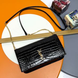 Saint Laurent Cassandre Phone Holder In Shiny Crocodile-Embossed Leather Black/Gold