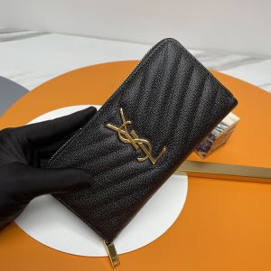 Saint Laurent Large Monogram Zip Around Wallet In Grained Matelasse Leather Black/Gold