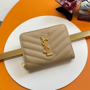 Saint Laurent Cassandre Compact Zip Around Wallet In Matelasse Grain De Poudre Leather Apricot/Gold