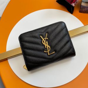 Saint Laurent Small Monogram Zip Around Wallet In Grained Matelasse Leather Black/Gold