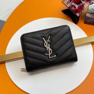 Saint Laurent Cassandre Compact Zip Around Wallet In Matelasse Grain De Poudre Leather Black/Silver