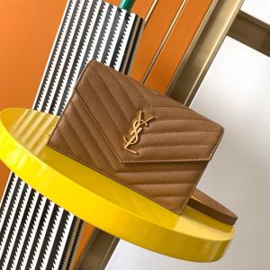 Saint Laurent Cassandre Envelope Chain Wallet In Grain De Poudre Leather Brown/Gold