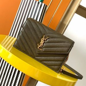 Saint Laurent Cassandre Envelope Chain Wallet In Grain De Poudre Leather Olive/Gold