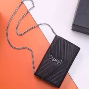 Saint Laurent Large Monogram Chain Wallet In Grained Matelasse Leather Black/Silver