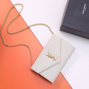 Saint Laurent Classic Cassandre Chain Wallet In Grain De Poudre Leather White/Gold