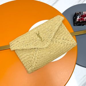 Saint Laurent Large Cassandre Envelope Pouch In Raffia Beige/Gold