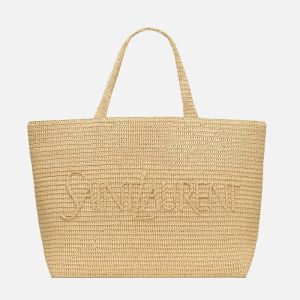 Saint Laurent Logo Signature Tote In Raffia Beige