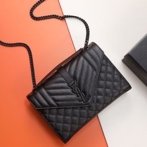 Saint Laurent Medium Envelope Chain Bag In Mixed Grained Matelasse Leather Black