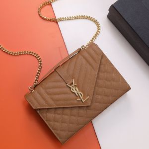 Saint Laurent Medium Envelope Flap Bag In Quilted Grain De Poudre Embossed Leather Brown/Gold